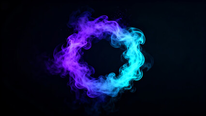 Abstract Neon Purple and Cyan Smoke Ring Circle Isolated on Black Background.