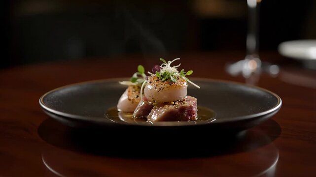 Exquisite gourmet dish featuring seared scallops and tuna, artfully plated with microgreens and a delicate sauce on a dark ceramic plate.