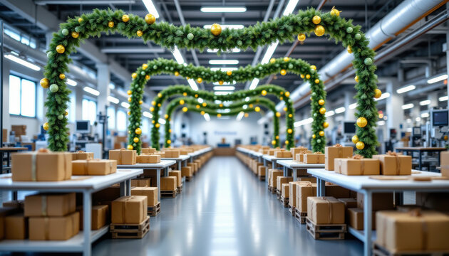 Christmas wrapping factory decorated with festive garlands and golden ornaments, showing rows of tables with brown packages ready for shipment in modern industrial setting - Powered by Adobe