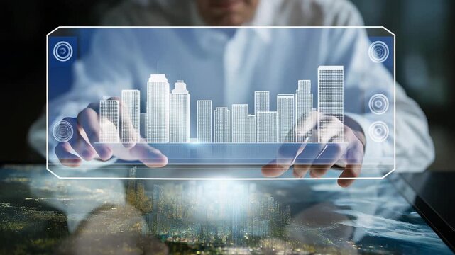 Urban planner selecting optimal locations for green projects using drone-based 3D city mapping and augmented reality overlays, representing smart city planning, sustainable urban development, and