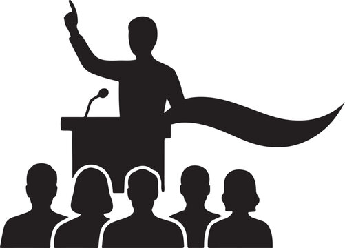 Speaker at Podium with Audience Silhouette – Public Speech Leadership Vector