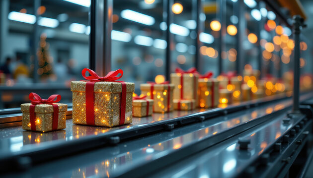 Christmas wrapping factory with festive gift boxes decorated with red ribbons and gold paper on conveyor belt in bright industrial setting, joyful holiday atmosphere - Powered by Adobe