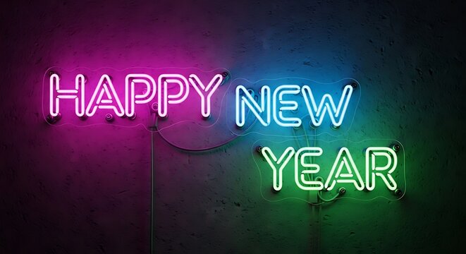 Vibrant neon sign displaying happy new year in bright pink blue and green against a dark textured wall creating a festive and celebratory atmosphere