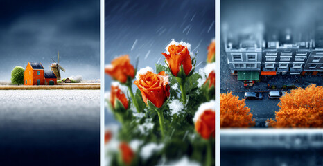 Dutch winter collage in till-shift style, zoom in soft focus