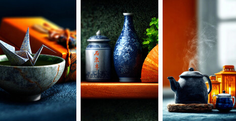 Asian home decoration collage in till-shift style, zoom in soft focus