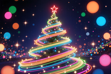 Abstract Christmas tree made of swirling multicolor lights and bokeh glows against a dark sparkling background, crowned with a radiant red star for a magical holiday feel.