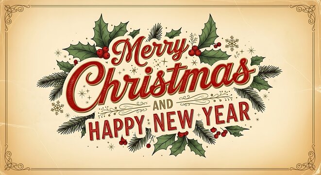 Festive merry christmas and happy new year greeting card with holly leaves and pine branches in a vintage style perfect for holiday wishes and celebrations