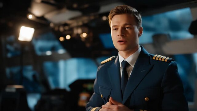 a polished training center with high-tech simulators, bright spotlighting on an instructor in a sharp uniform demonstrating a tool, confident pose as he gestures, detailed textures on the uniform's