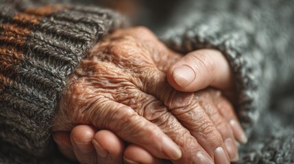 Empathy and care nurse holds senior patient's hands providing support, kindness, and medical assistance in nursing home for psychological help