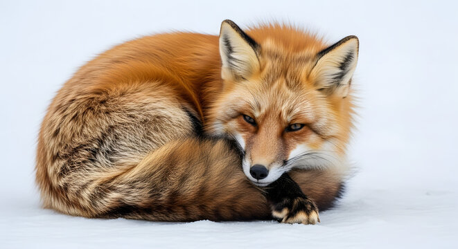 Red Fox in Snow: A vibrant red fox, with its thick fur and alert eyes, curls up comfortably in a serene snowscape, embodying the essence of winter tranquility. 
