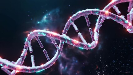 Abstract glowing dna double helix structure with neon blue and pink light strands against a dark cosmic background with bokeh - Powered by Adobe