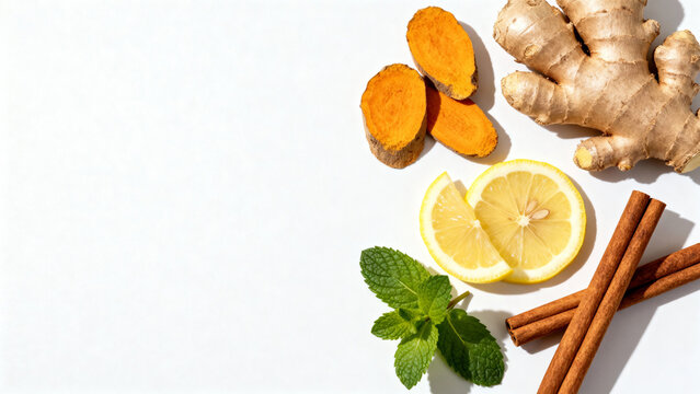 Boost your wellness with fresh ginger, turmeric, lemon, cinnamon and mint herbs
