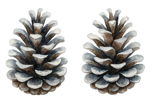 Pair of watercolor pine cone illustrations with white snow tips on a white background