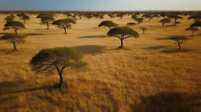 Open savanna landscape with scattered acacia trees casting long shadows across golden grass under bright midday light captured from a gently moving elevated perspective