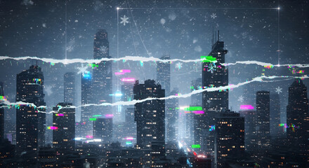 Winter City Skyline: A mesmerizing winter cityscape draped in a blanket of falling snow, with modern skyscrapers piercing the sky, embodying the silent beauty of the urban landscape.