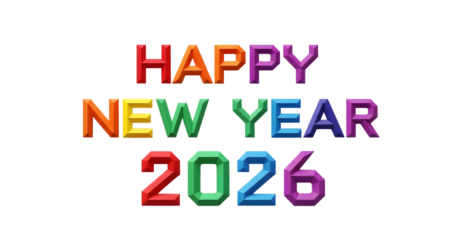 Colorful happy new year 2026 text isolated on transparent background