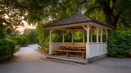 Naklejka premium Serene park gazebo with wooden seating bathed in soft golden hour light