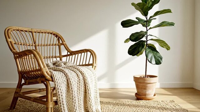 Cozy rattan chair with blanket, peaceful corner with natural light, minimal decor with potted plant for fall relaxation