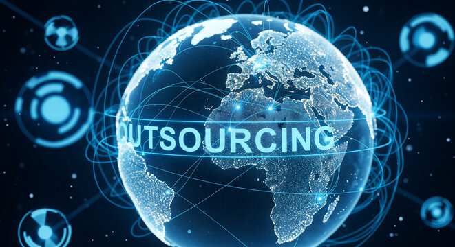 A futuristic blue globe symbolizes global outsourcing and digital networks, showing interconnected lines and satellites. Ideal for topics like global business, IT services, offshore outsourcing, and t - Powered by Adobe
