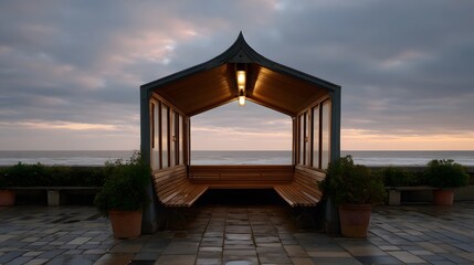 Seaside pavilion with wooden benches and interior lighting offers a serene view of the ocean at dawn beneath a cloudy sky