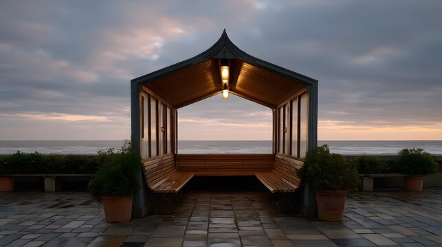 Seaside pavilion with wooden benches and interior lighting offers a serene view of the ocean at dawn beneath a cloudy sky