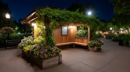 Serene garden kiosk at night adorned with blooming flowers and climbing vines offering a tranquil illuminated retreat