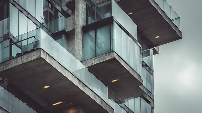 Modern concrete and glass building with cantilevered balconies architecture - Powered by Adobe