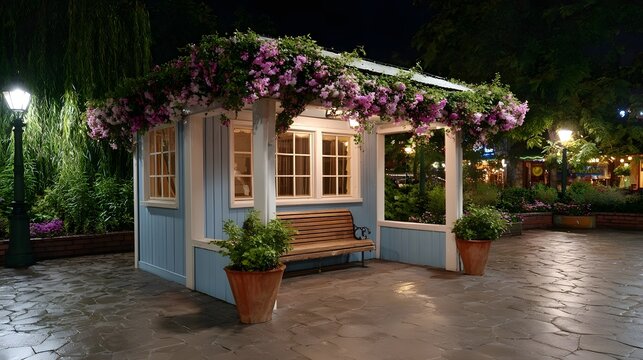 Charming garden kiosk adorned with pink flowers and greenery illuminated at night with a wooden bench