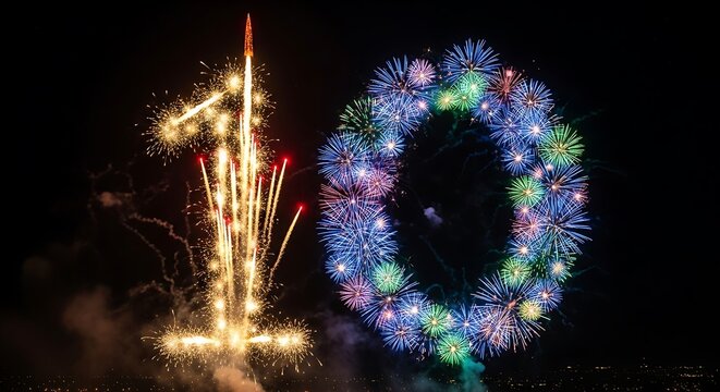 Fireworks display forming the number ten in the night sky celebrating an anniversary or new year with vibrant colors and sparkling lights creating a festive atmosphere