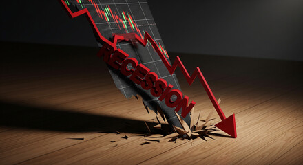 Dynamic image showing a red downward arrow smashing through a surface, symbolizing recession, market decline, and financial risk. Perfect for articles on economics, investing, and business downturns.