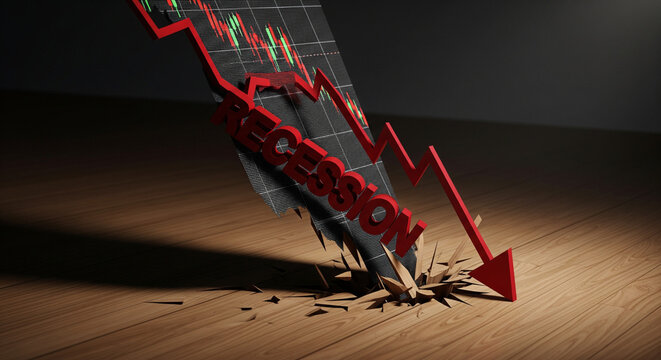 Dynamic image showing a red downward arrow smashing through a surface, symbolizing recession, market decline, and financial risk. Perfect for articles on economics, investing, and business downturns.