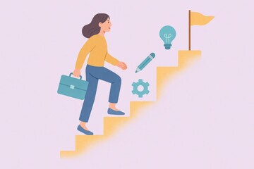 A woman ascending a staircase with determination, carrying a briefcase and surrounded by symbols of innovation, creativity, and success, embodying professional growth and resilience
