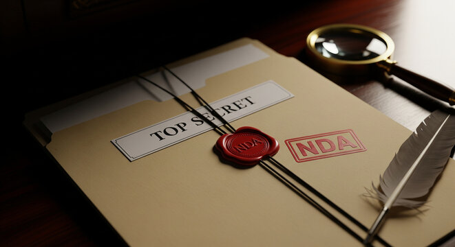 A closed folder labeled "TOP SECRET" with a wax seal, NDA stamp, a magnifying glass, and a feather quill on a wooden surface.