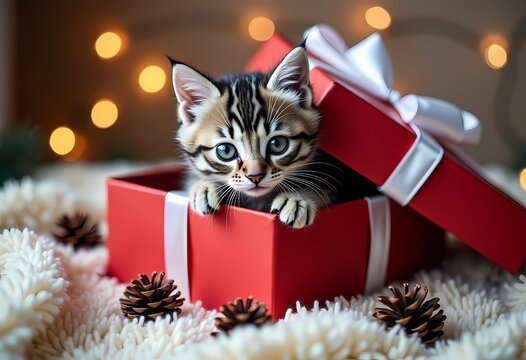 Grey Tabby Kitten Peeking from Red Christmas Gift Box