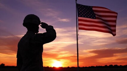 Military honor display, calm scene of armed figure paying respects to national emblem during twilight, evening scene depicting helmeted serviceman saluting american flag with reverence and dignity