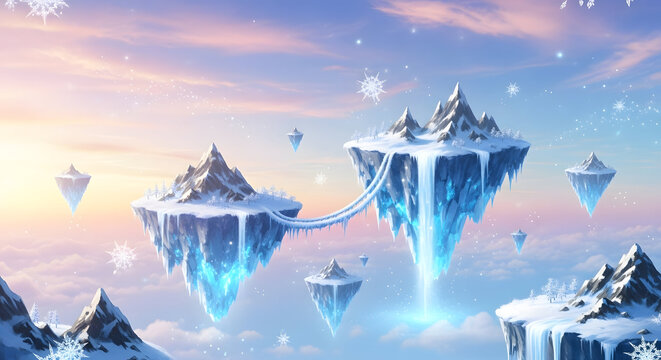 Frozen Fantasy Landscape: A breathtaking panorama of floating islands, adorned with majestic snow-capped peaks and shimmering waterfalls, creating a surreal and magical winter wonderland. 