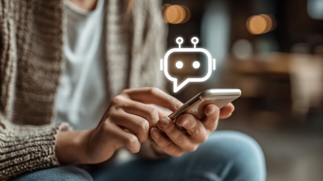 Customer uses chatbot on mobile phone for online support in living room setting