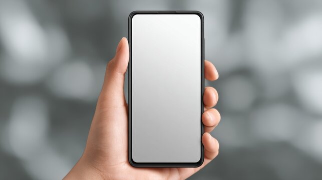 Hand holding black smartphone with blank screen for infographic global business web site design app and advertisement - clipping path, high quality realistic close-up