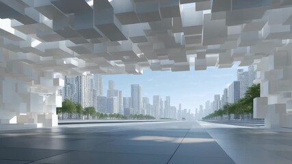 White industrial landscape mockup combining geometric architecture and linear perspectives, representing modern infrastructure planning, smart mobility visualization, and futuristic transportation - Powered by Adobe