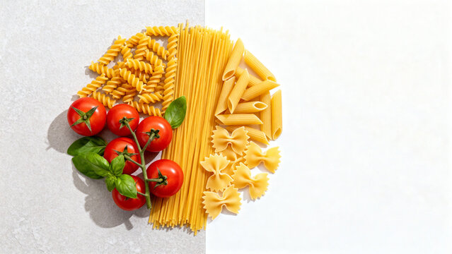 Delicious pasta varieties with fresh tomatoes and basil ready for Italian recipes