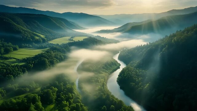 Lush mountain valley covered in layers of morning fog with sunlight slowly breaking through the tree line and revealing winding rivers and scattered farmlands captured from high above in smooth motion