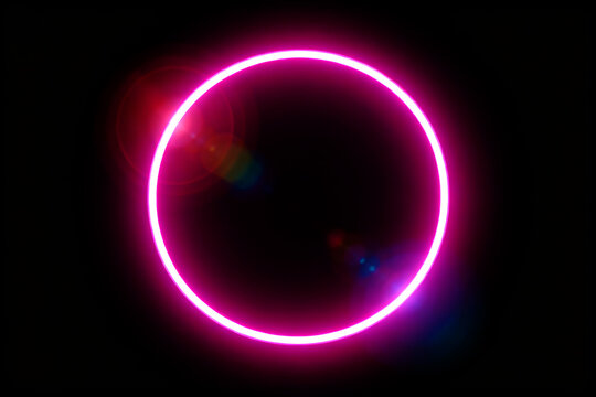 Pink Cyberpunk Neon Light Circle Frame Border Isolated on Black Background. - Powered by Adobe