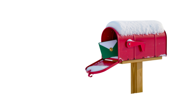 A classic red mailbox covered in snow with a Christmas letter inside.