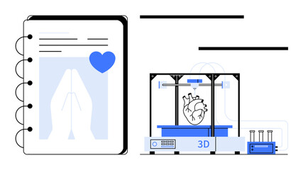 Notebook with medical diagrams and heart icon beside a 3D printer creating a human organ. Ideal for healthcare, technology, medicine, innovation, science, bioprinting, futuristic concepts. Simple