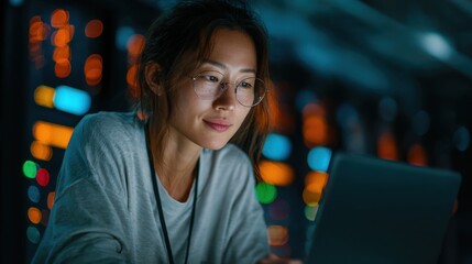 Asian it engineer reviewing security logs on laptop in data center, analyzing potential risks to ensure network safety and compute power