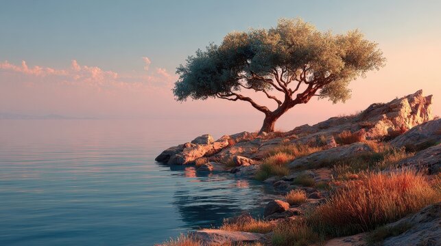 Lone tree stands on rocky coast against tranquil sea and pink sky at sunset, creating a serene and picturesque seascape - Powered by Adobe