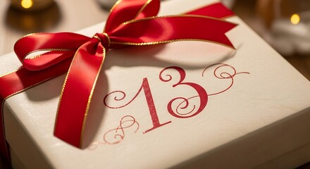 Elegant gift box with red ribbon and the number thirteen in red script for special occasions and celebrations of lucky events and milestones