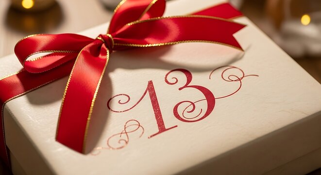 Elegant gift box with red ribbon and the number thirteen in red script for special occasions and celebrations of lucky events and milestones