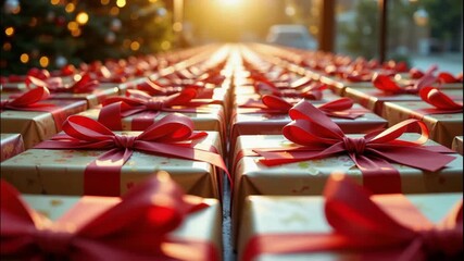 Golden gift box red ribbon festive bow holiday present Christmas gift glowing sunrise warm light sunset glow bokeh lights celebration seasonal decor joyful mood golden sunrise festive ribbon gift box - Powered by Adobe