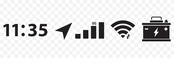 Mobile icons set. Phone bar status sign. Vector design set stock illustration. Status bar icon. Time, GPS, signal, battery, wifi. Vector Best Design, Eps 10.